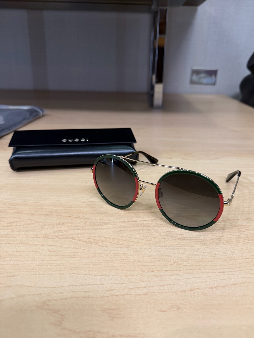 Gucci Round Metal Sunglasses with Green and Red Accents